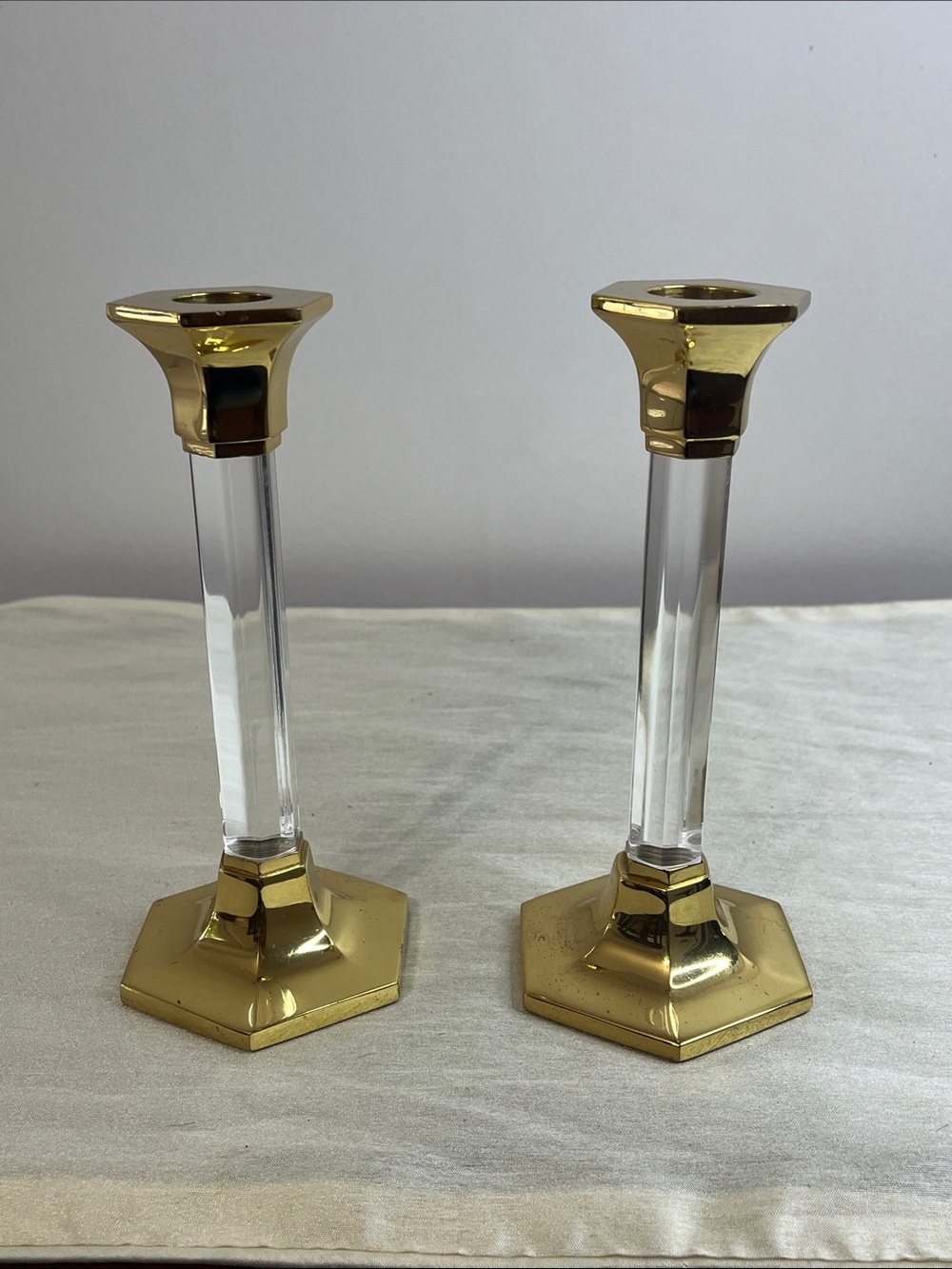 PartyLite Arcadia Column Brass Finish Metal And Acrylic Candle Holders Pair